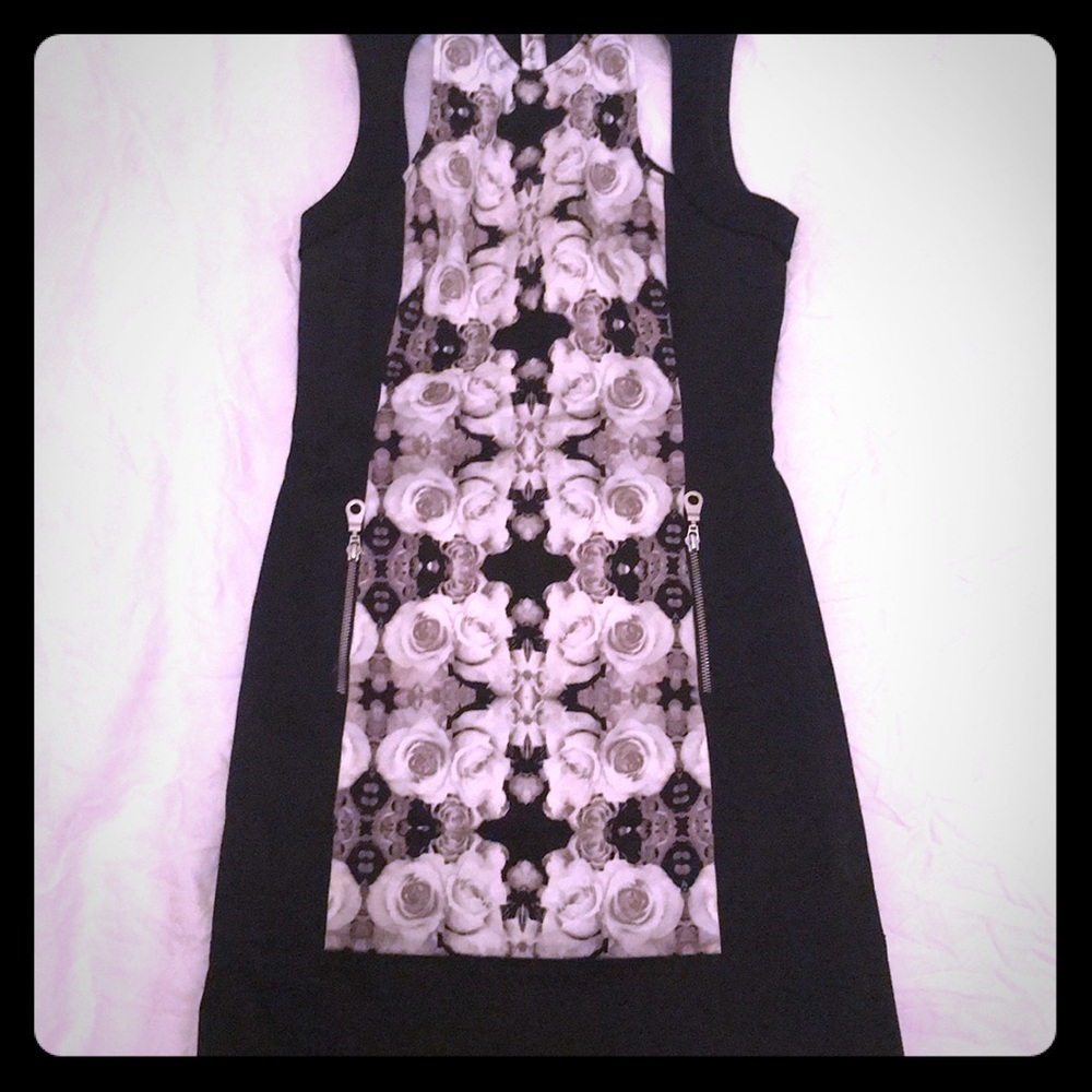 L.A.M.B. Black Midi Dress with Monochrome Rose Panel